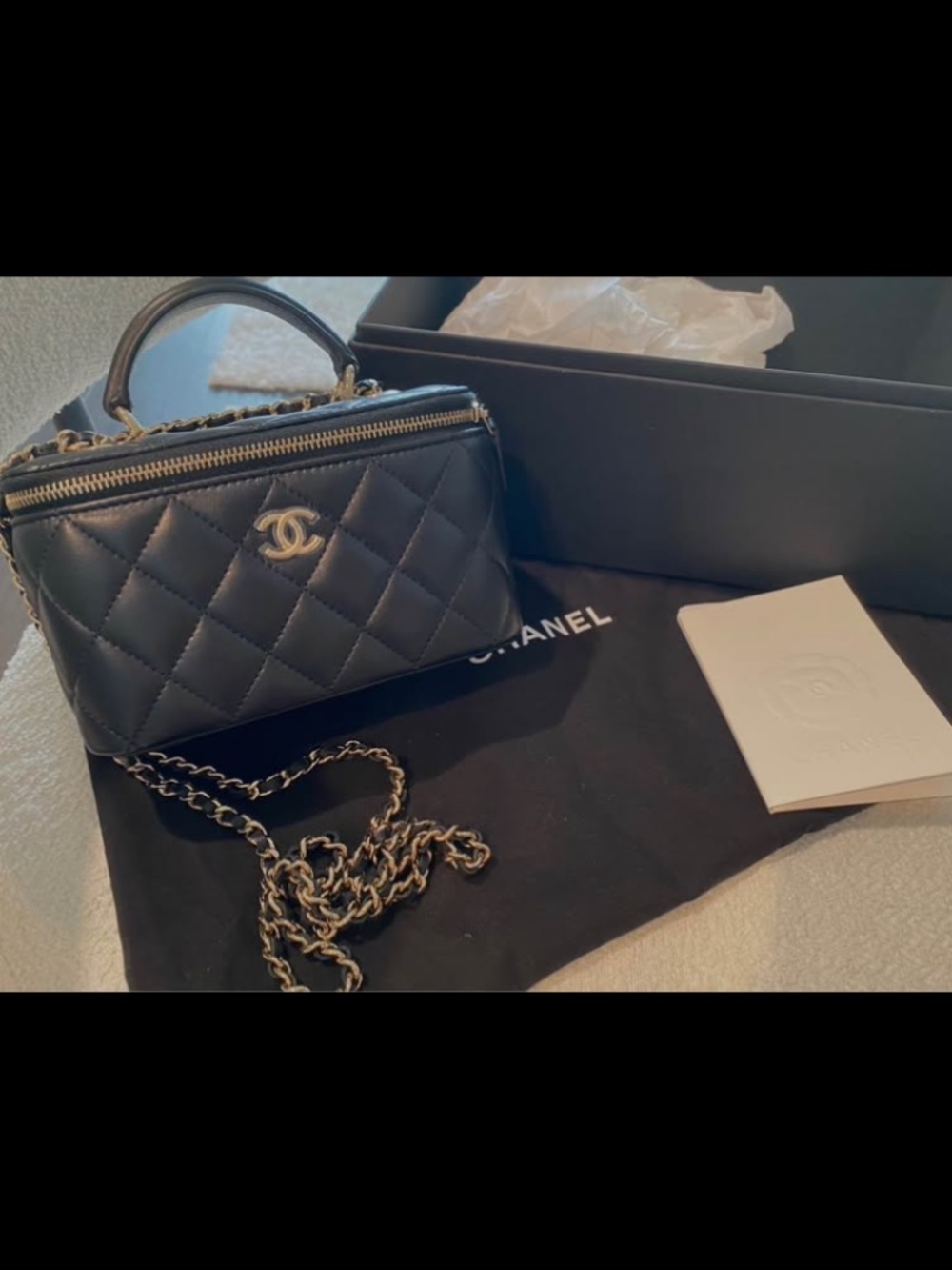 Chanel Black Lambskin Vanity Bag Top Handle Gold Hardware NEW